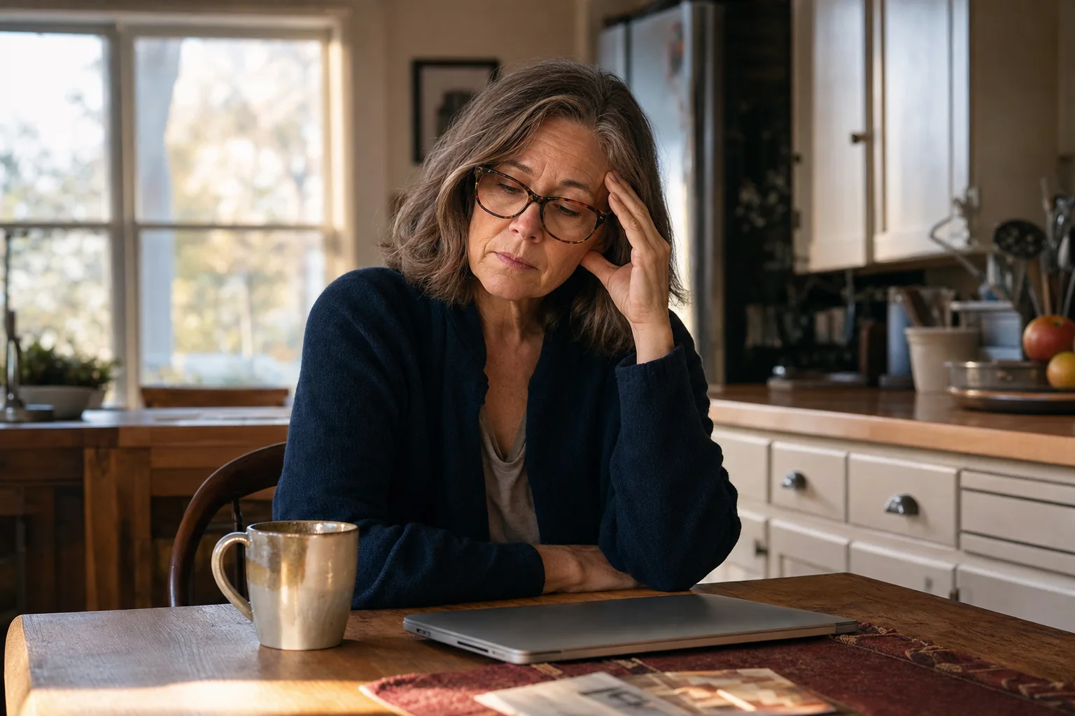 A mature woman feeling tired at her kitchen table in the late afternoon
