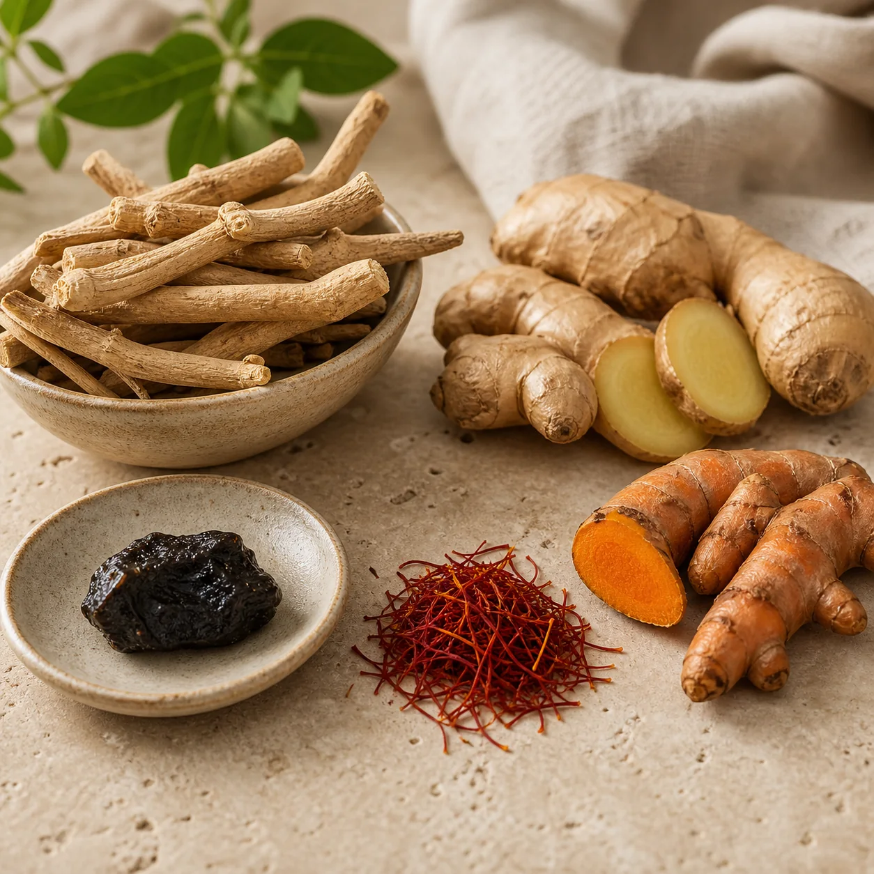 Ashwagandha root, shilajit resin, saffron threads, turmeric root, and ginger root arranged on a limestone table