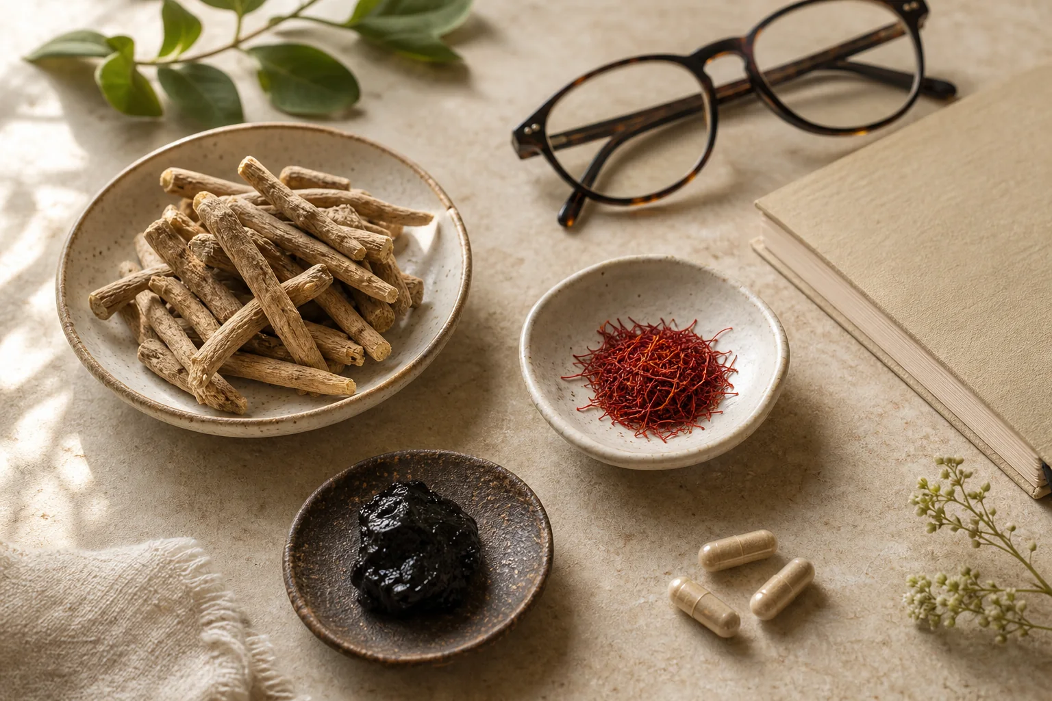 Ashwagandha root, saffron, dark mineral resin, capsules, reading glasses, and a notebook