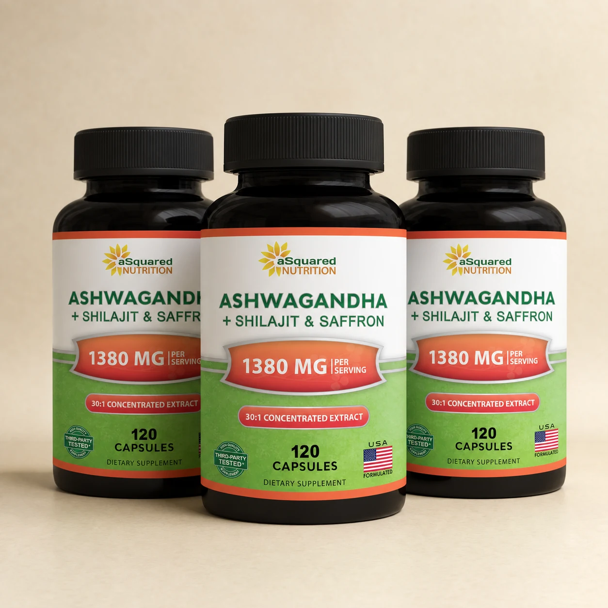Three bottles of aSquared Nutrition Ashwagandha with Shilajit and Saffron