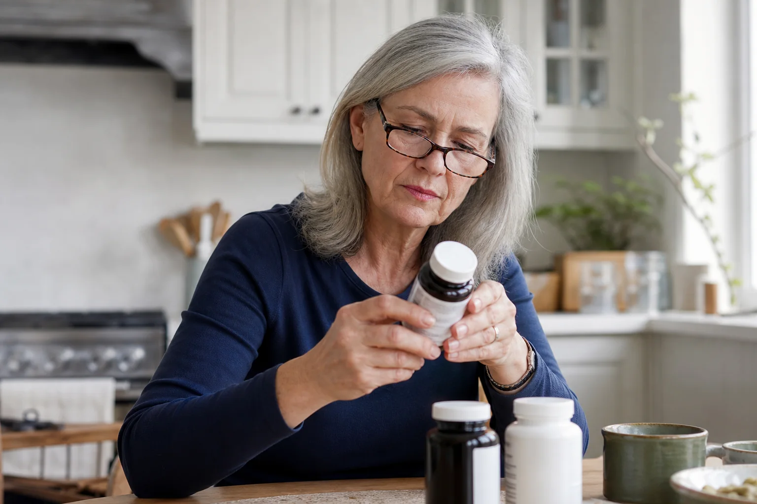 A mature woman carefully reading the back of a supplement bottle
