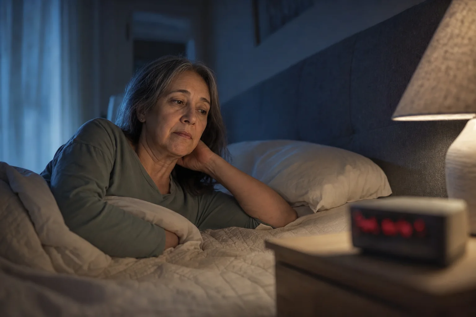 A mature woman awake in bed during the night