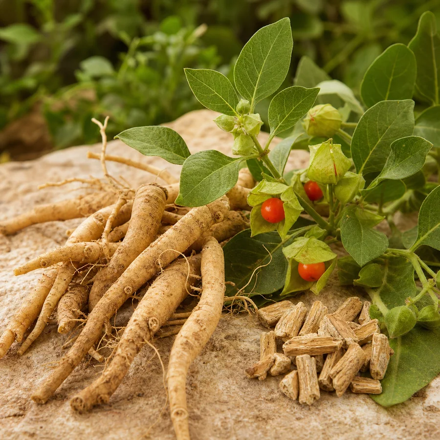 Ashwagandha roots, leaves, berries, and dried root pieces