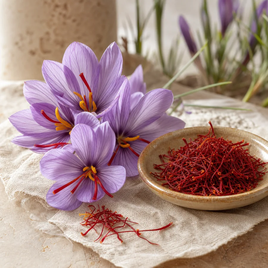 Purple Crocus sativus flowers and red saffron threads
