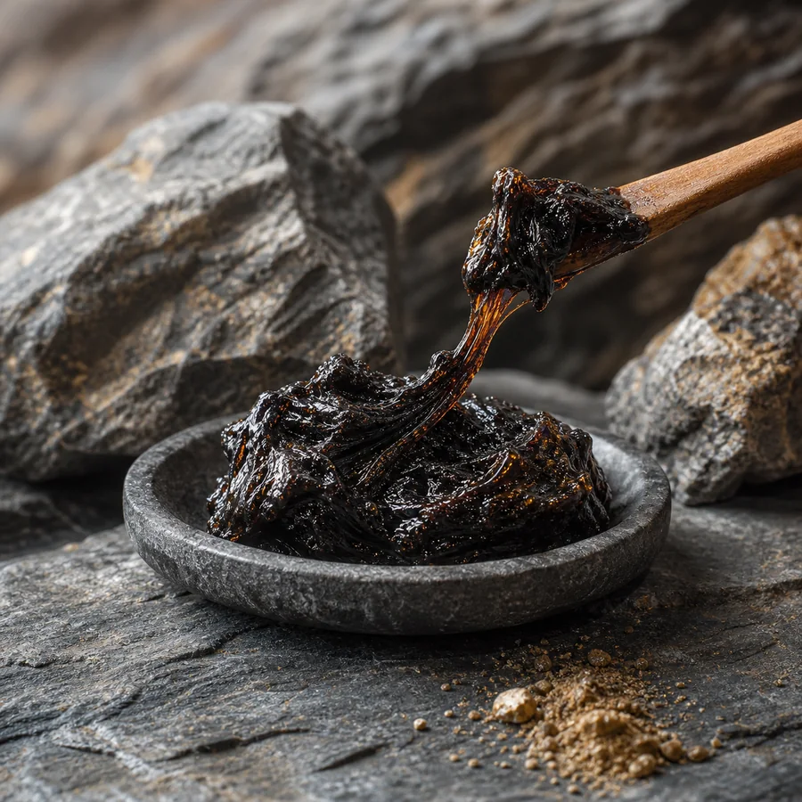 Dark purified shilajit resin with mineral rocks