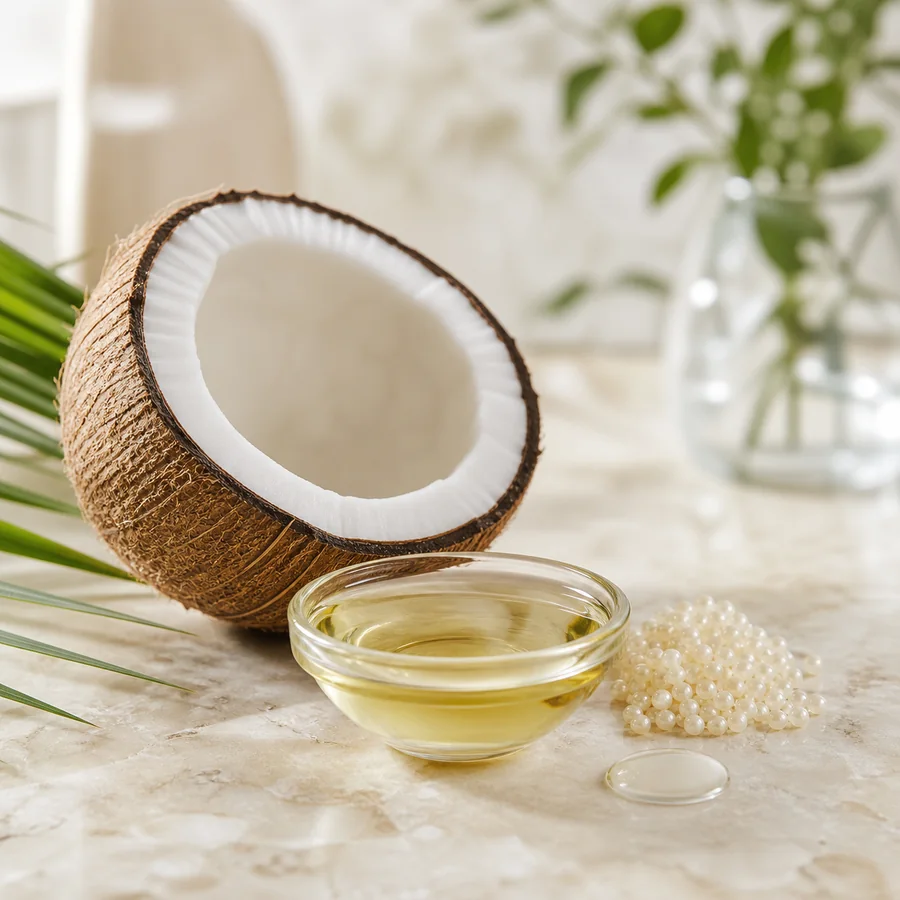 Coconut and clear golden oil representing the coconut-derived Tri-Lipid Matrix