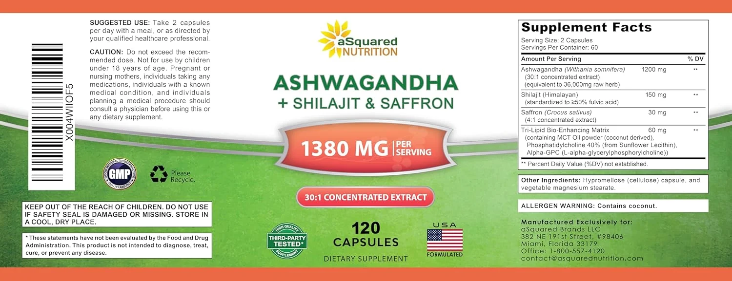 Official aSquared Supplement Facts panel showing serving size and formula amounts